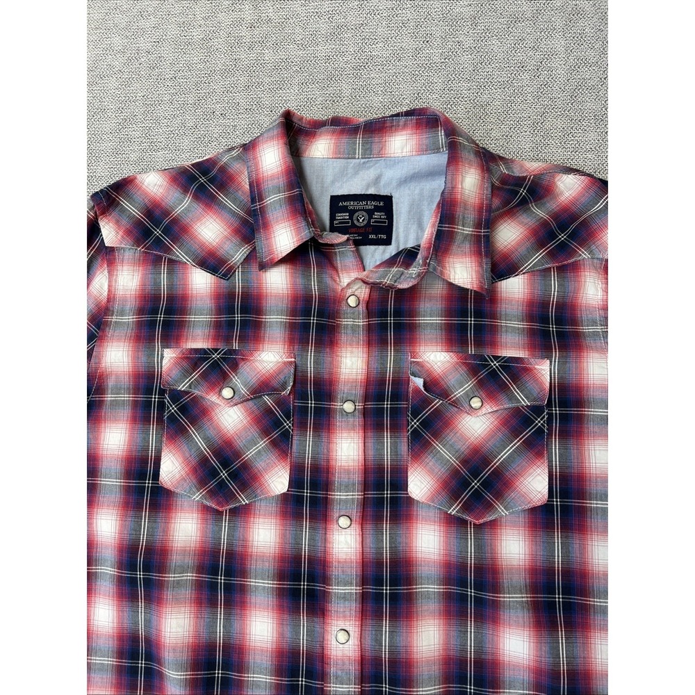 American Eagle XXL Vintage Fit Plaid Western Shirt Men Pearl Snap Long Sleeves - Picture 2 of 8